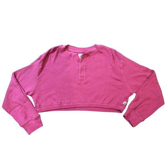 Urban Outfitters BDG Waffle Thermal Henley Cropped Long Sleeve Small Bright Pink - Picture 1 of 5